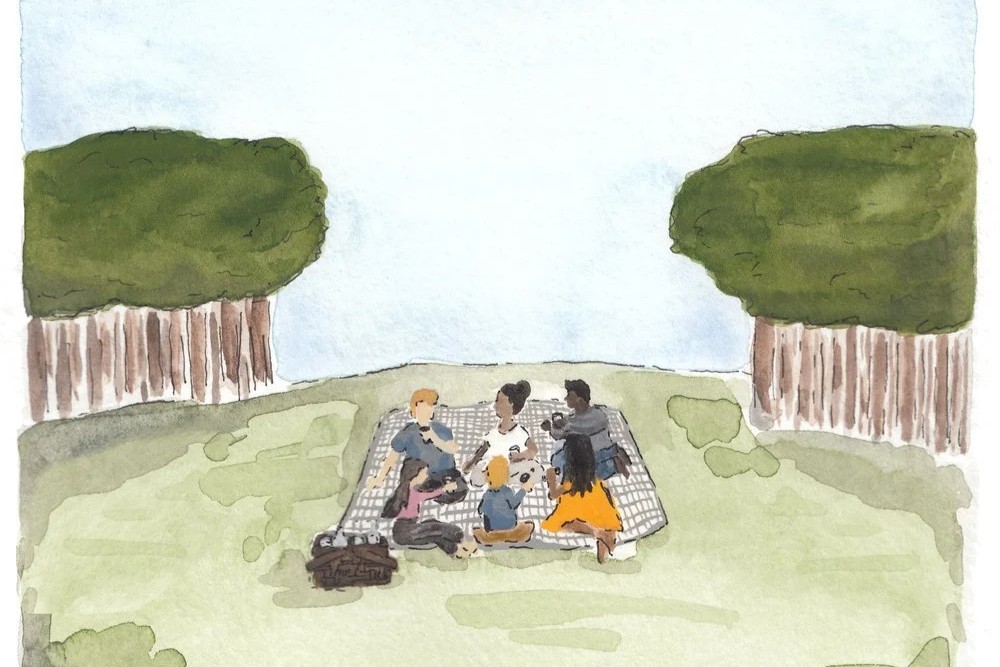 A watercolour image of a group of people sitting together on a small picnic blanket