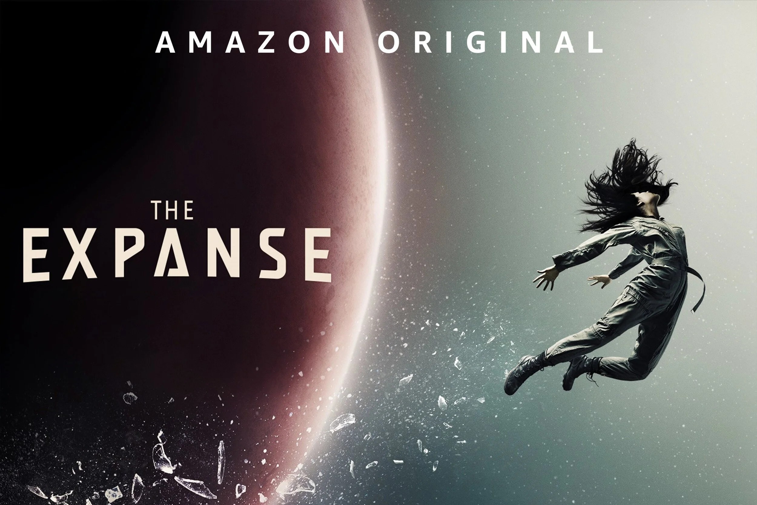 An advertising poster for The Expanse, portraying a woman in overalls being launched into space